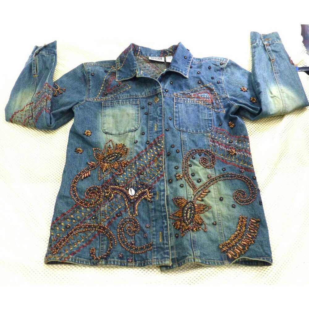 Chicos Design Embellished Denim Jacket Beaded Floral Embroidery Button Front Wom